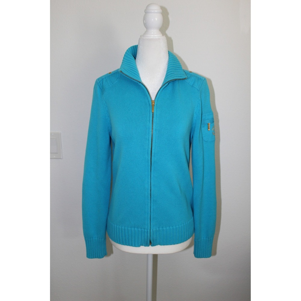VTG Ralph Lauren Turquoise Blue Full Zip Ribbed Cardigan Sweater Gold Medium